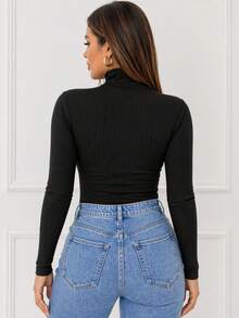 Women's Ribbed Turtleneck Long Sleeve Fitted Basic Chic Autumn Winter Knit Everyday - Black - View 2