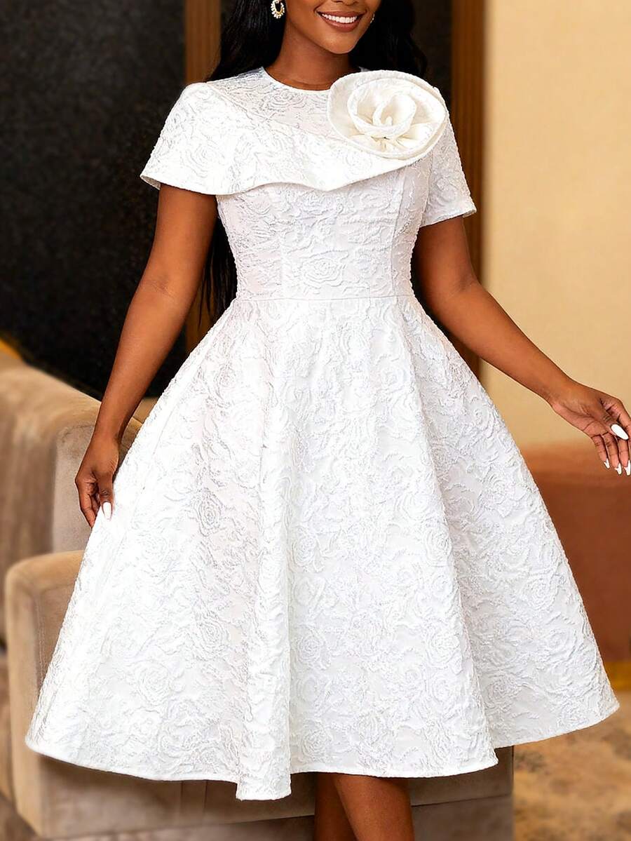 Đầm chữ A màu trắng thanh lịch của AOMEI dành cho nữ, chất liệu jacquard, tay ngắn, cổ tròn, chân váy xòe, họa tiết hoa hồng 3D, phù hợp cho khách dự đám cưới và tiệc cocktail. - trắng - Xem 1