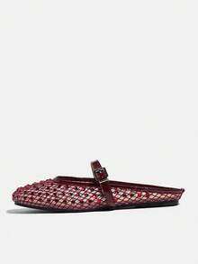 2026 New Plus Size Rhinestone Decor Buckle Slip-On Sandals, Gold Square Toe Flat Casual Breathable Fishnet Vamp Slip-On Sandals For Women, Summer - Burgundy - View 4
