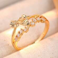 Nhẫn nữ hình lá bạch quả thời trang, thiết kế tinh tế và đính đá zirconia tổng hợp, kiểu dáng đa năng phù hợp cho công sở. - Vàng - Xem 7
