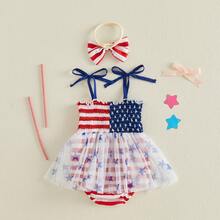 4th Of July Baby Girl Outfits American Flag Sleeveless Strap Romper Bodysuit Independence Day Clothes - 紅色 A - 查看 2