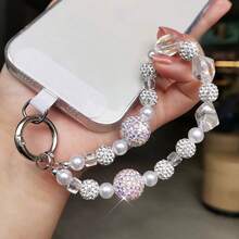 1 Stück Luxus Kristall Perlen Handykette, kurzer Handgelenksriemen mit Strass-Kugel Anhänger, hochwertiger Kristall-Kugel Anhänger, Handyhülle Aufhänger, Anti-Verlust Handgelenksriemen mit Clip - Verschiedenfarbig - Übersicht 4