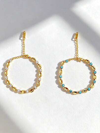 Vòng tay dây xích hình bầu dục mạ vàng 18K dành cho nữ, vòng tay kẹp giấy nhỏ nhắn đính đá Cubic Zirconia trong suốt và xanh dương, vòng tay tennis bằng thép không gỉ không gây dị ứng, có thể điều chỉnh, chống thấm nước và có thể đeo chồng lên nhau, món quà trang sức chống gỉ sét dành cho phái đẹp để đeo hàng ngày hoặc dự tiệc.