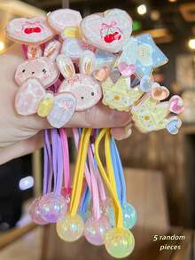 5pcs Girls Cute Versatile Cartoon Rabbit, Heart, Cherry Elastic Hair Ties, Hair Scrunchies - Multicolor - View 7