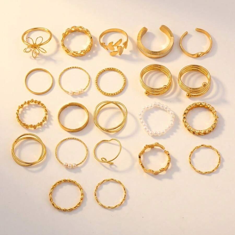 22pcs Elegant Assorted Gold Tone Rings Set, Open Cuff And Twisted Faux Pearl Rings, Minimalist & Fashionable, Suitable For Casual, Work And Date Night, Thoughtful Gift For Women, Versatile Stackable Accessories - Gold - View 1
