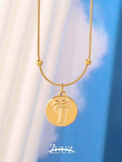 1pc Vintage Ocean Style Stainless Steel Round Coconut Tree Charm Necklace For Women Chain Necklace Daily Wear And Gift For Girlfriend, Mother, Sister