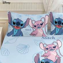 Disney 3Pcs Lovely Stitch And Angel Seashell Print Fitted Sheet And 2 Pillowcases Cozy Light Blue Everyday Room Bedding Set - Fitted Sheet Set - View 2