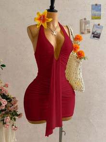 Vestido mini casual de vacaciones para mujer con escote en V profundo, cuello halter con lazo, y drapeado.Adecuado para la playa, cruceros y festivales de música en verano - Burdeos - Ver 8