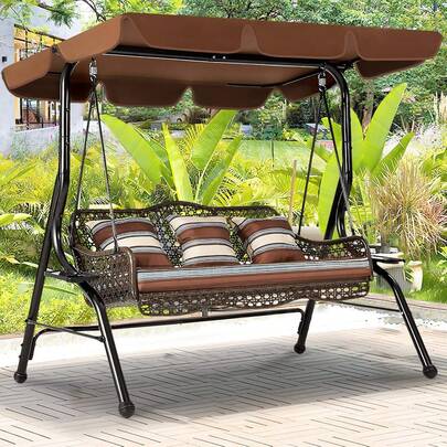  YODOLLA 3 Seater Garden Swing Chair With Adjustable Canopy - Outdoor Swing Bench For Patio/Backyard