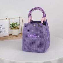 Bolso de mano pequeño de punto calado personalizado para niña, bolso cubo de tejido chic con asa superior, bolso tote cuadrado mini estructurado con detalle de anillo metálico - Multicolor - Ver 21