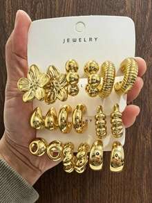 6/18pcs European And American Style Versatile Gold Stud Earrings, Women Plated Flower/Geometric Earrings, Suitable For Work, Dating, Daily Wear - Gold - View 1