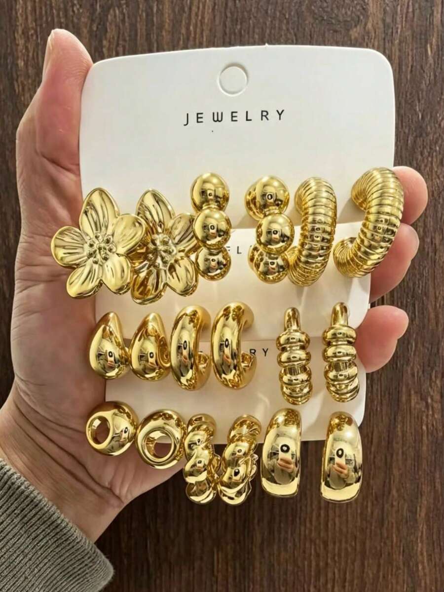 6/18pcs European And American Style Versatile Gold Stud Earrings, Women Plated Flower/Geometric Earrings, Suitable For Work, Dating, Daily Wear - Gold - View 1
