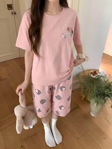 DAZY 2 件套女士和年轻女士休闲可爱卡通猫和字母印花粉色上衣、七分裤/短裤、睡衣套装，适合居家、聚会、度假、春夏 - 淺粉色 - 查看 2