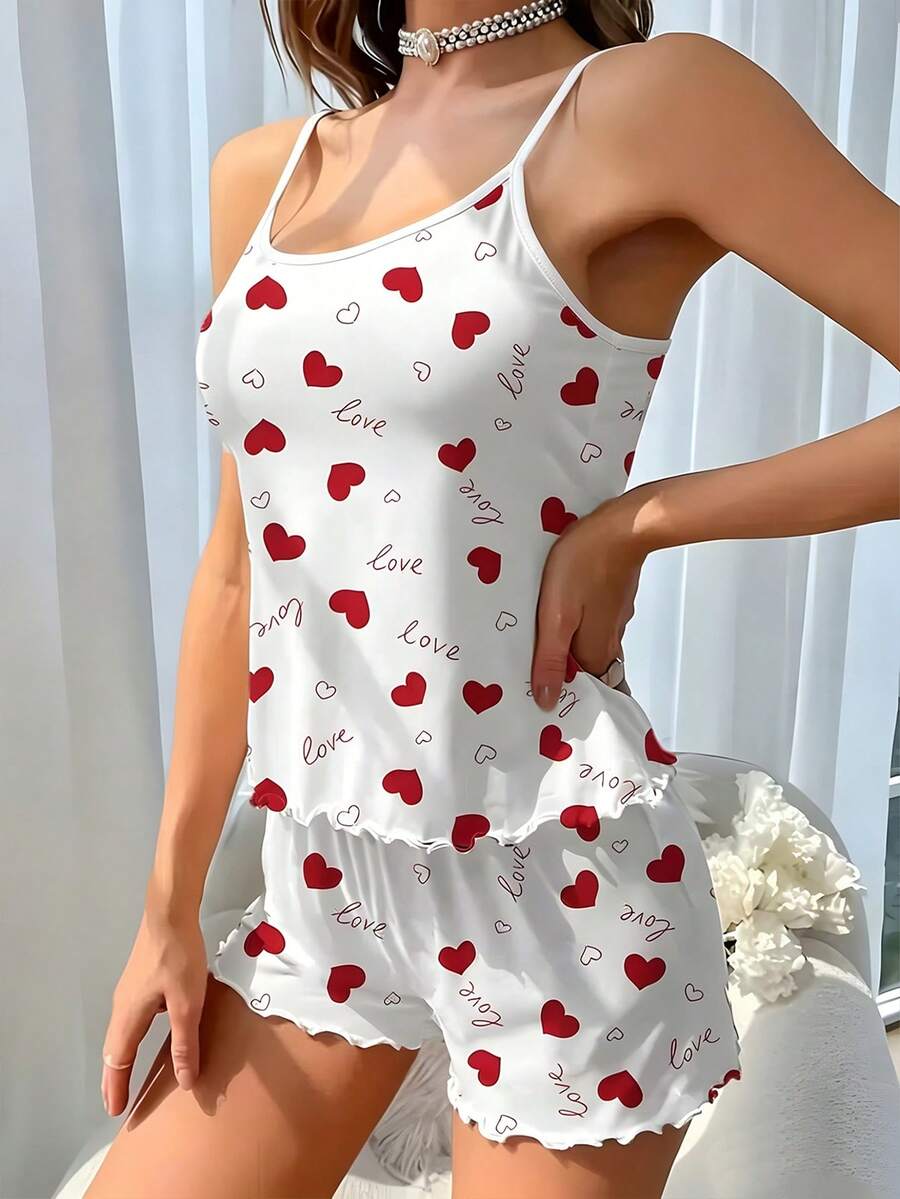 Valentine Heart Pattern Sleeveless Spaghetti Strap Top & Elastic Waist Ruffle Short Loungewear Set Vacation - White - View 1