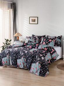 Bộ ga trải giường phong cách đồng quê 3 món (2 vỏ gối, 1 vỏ chăn, không bao gồm chăn bông), bộ ga trải giường mềm mại và thoáng khí với họa tiết hoa trang nhã, phù hợp cho mọi mùa, tạo không gian ấm cúng cho phòng ngủ hoặc ký túc xá, món quà lý tưởng. - Đen và xanh - Xem 4