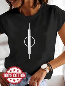 -Women's 180g Graphic Print Shirt - Artistic Design And White, Round Neck, Short Sleeves, Casual Top, Washable, -Women's Shirts, Everyday Top, Minimalist Design, Quality Seams, Printed T-Shirt, Women's, Weekend Style. - Black - View 6