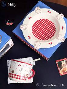 1 chiếc đĩa sứ Miffy, đĩa ăn sáng/trái cây/tráng miệng hoạt hình chất lượng cao dành cho một người, kiểu dáng Nhật Bản dễ thương màu trắng kem với họa tiết kẻ caro đỏ ở giữa và viền hình đầu Miffy, họa tiết quả anh đào đáng yêu với viền tai thỏ 3D, đĩa sứ thẩm mỹ dùng được trong lò vi sóng và máy rửa chén, thích hợp sử dụng hàng ngày. - Nhiều màu - Xem 7