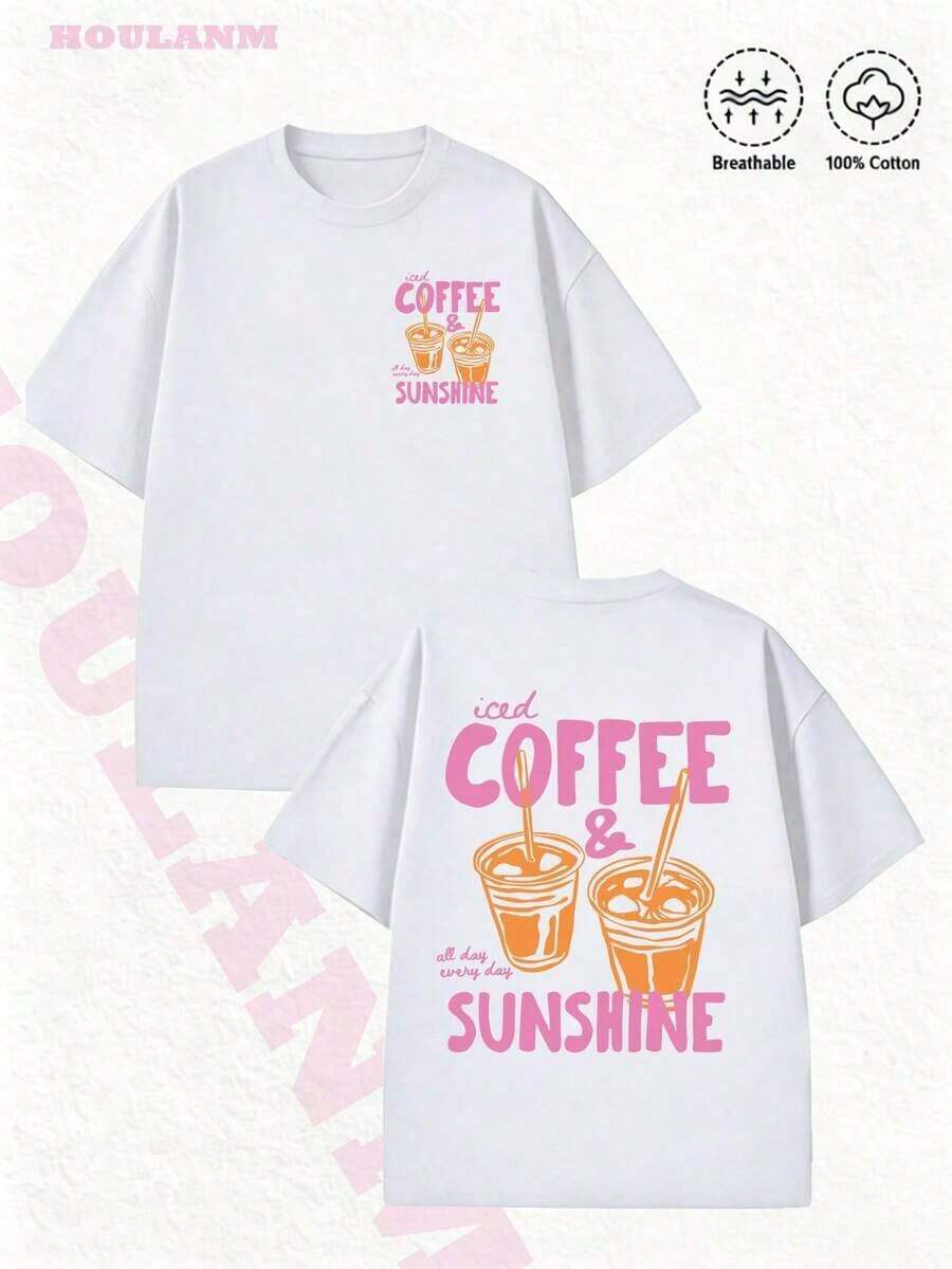 Tropicoqueta Outfits"Iced Coffee & Sunshine" Orange Cup Print T-Shirt | Clothes Women, Loose Fit, Summer Tops, Spring Vibes, Cozy Aesthetic TeeLoose And Comfortablegoing Out Outfits - 白色 - 查看 1