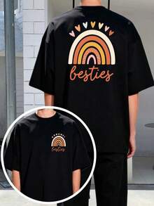 Svart kortärmad t-shirt med dubbelsidigt tryck, färgglatt regnbågshjärtmönster, texten "Besties", bohemisk streetwear-stil, vänskapstema, vardagskläder för sommaren, utomhusaktiviteter, strand, helgdagar, födelsedagskalas, perfekt som present. - Svart - Visa 7