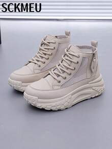 SCKMEU Spring New Mesh Breathable Unisex Casual Sports Shoes, Thick Sole Height Increasing Lightweight Comfortable Non-Tiring Suitable For Daily Wear And Commuting - Khaki - View 12