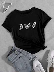 LUNE Camiseta de cuello redondo con estampado de mariposa - Negro - Ver 8