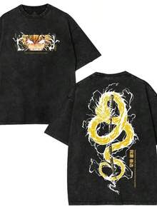 Retro Anime Washed Cotton Men's T-Shirts, Double-Sided Printed Oriental Dragon Manga-Style Anime T-Shirts, Fantasy-Style Graphic T-Shirts, Gifts For Anime Fans And Manga Enthusiasts, Otaku T-Shirts, Themed Party Outfits, And Y2K-Style Streetwear,Cosplay - 主圖常規色 - 查看 7