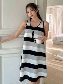 Vestido de dormir sin mangas a rayas para uso en casa, vestido de noche tipo "muu muu" - Negro - Ver 8