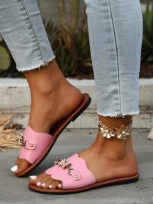 Zapatillas planas de moda para mujer, de punta abierta y unicolor, con decoración de mariposa de strass, adecuadas para el uso diario - Rosa - Ver 5