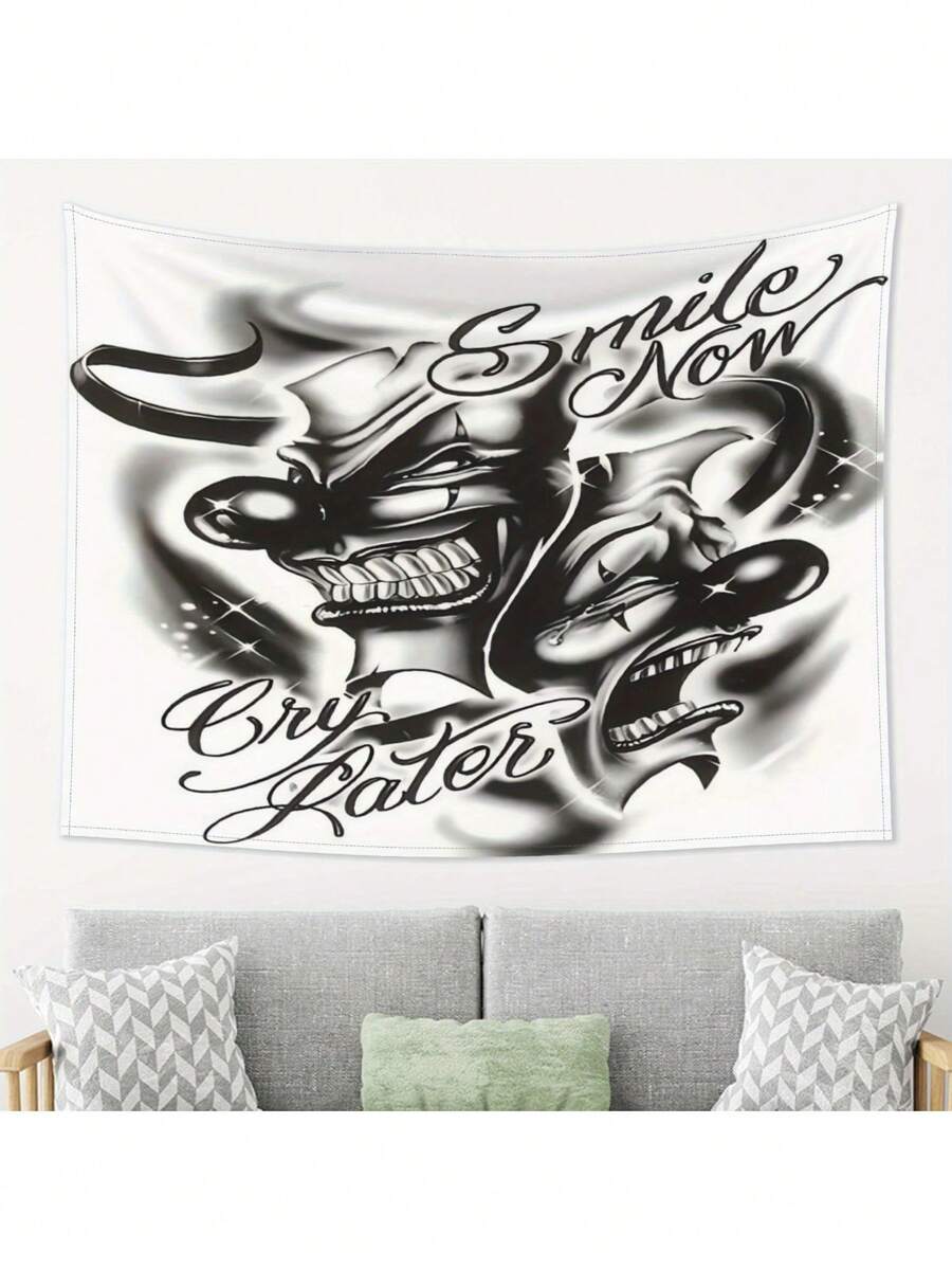 1pc Smile Now Cry Later Clown Face Tapestry | Premium Peach Light Beige Fabric Wall Hanging For Home Decor, Parties & Gifts - Edgy Humorous Design With Bold Text, Horizontal Wall Art For Living Room, Bedroom, Office - 1PC - Xem 1