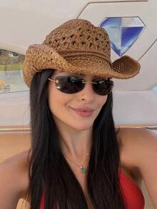 1 pieza Sombrero de paja de ala ancha hueco vintage, adecuado para primavera/verano, viajes al aire libre, vacaciones, playa, tejido a mano, transpirable, con protección UV, sombrero de vaquero de Panamá para hombres y mujeres - A - Ver 1