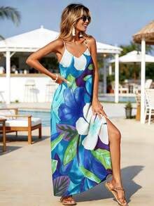 Floral Print Maxi Dress Women Summer Beach Vacation Long Sleeveless Sundress With Side Slit Casual Vacation Wear For Women Suitable For Leisure And Sports Activities - 白色 - 查看 4