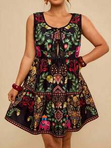 Vestido mini negro de algodón con lazo delantero y sin mangas, versátil y casual, talla grande - Multicolor 3 - Ver 12