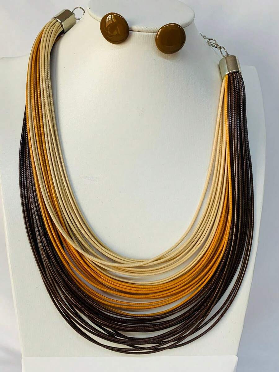 Maxi Waxed Multi-Strand Necklace Set With Button Earrings - 多色 3 - 查看 1