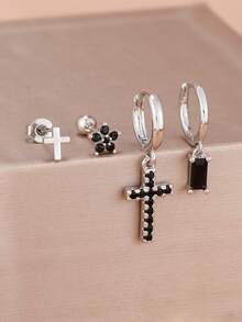4PCS Fashion Stainless Steel Obsidian Black Little Zirconia Cross Earrings Set Birthday Anniversary Earrings Women Girl Small Gift - 1-silver-4PCS - View 2