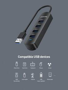 PHILIPS Hub USB C 4-in-1 3.0, Mode Daya 5V, Kompatibel dengan Tablet, Antarmuka USB, Transfer Data Kecepatan Tinggi, 5 Port untuk Printer, Keyboard, U Disk, Hard Disk, Mouse, dan Lainnya, Hub USB Tahan Lama dan Andal untuk Penggunaan Sehari-hari - View 7