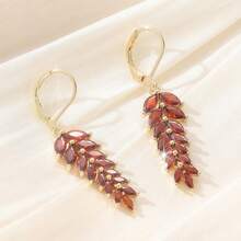 Luxury Shiny Red Synthetic Zirconia Leaf Earrings, Classic Bright Dangle Earrings Jewelry For Women - Gold - View 7