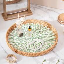 1pc Pearl Shell Inlaid Wooden Base Woven Rattan Decorative Tray, Not For Food Contact, Home Decor - Yellow - View 3