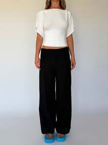 Womens Boat Neck Batwing Tops For Women Cinched Waist Top Tie Back Short Sleeve Shirts Business Casual Clothing - 白色 - 查看 2