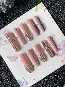 10 Móng Tay Giả Thủ Công, Dài, Màu Hồng, Hình Chữ Thập, Kim Cương, Móng Giả Đơn Giản, Dễ Mang Theo, Quà Tặng Sinh Nhật - Nhiều màu - Xem 4