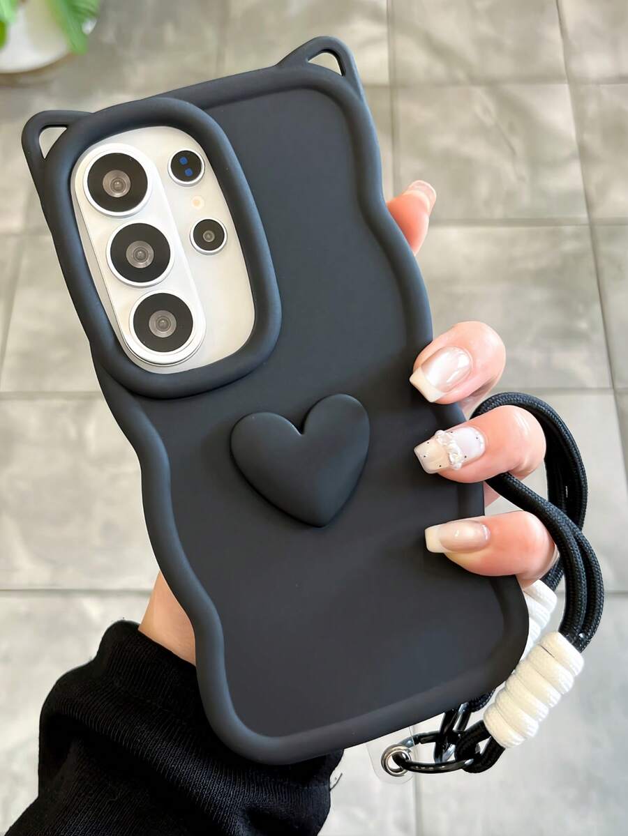1pc Y2K Style Black Cat Ear Wave Edge Shockproof Phone Case With 3D Heart And Contrast Color Lanyard, Anti-Fall Anti-Slip Scratch-Resistant, Compatible With OPPO Series, Series, S26, S25, S24-20, Note 14 Note13 Series | International Version, Not Local Version | Birthday & Festival Gift | Perfect Mother's Day Present.