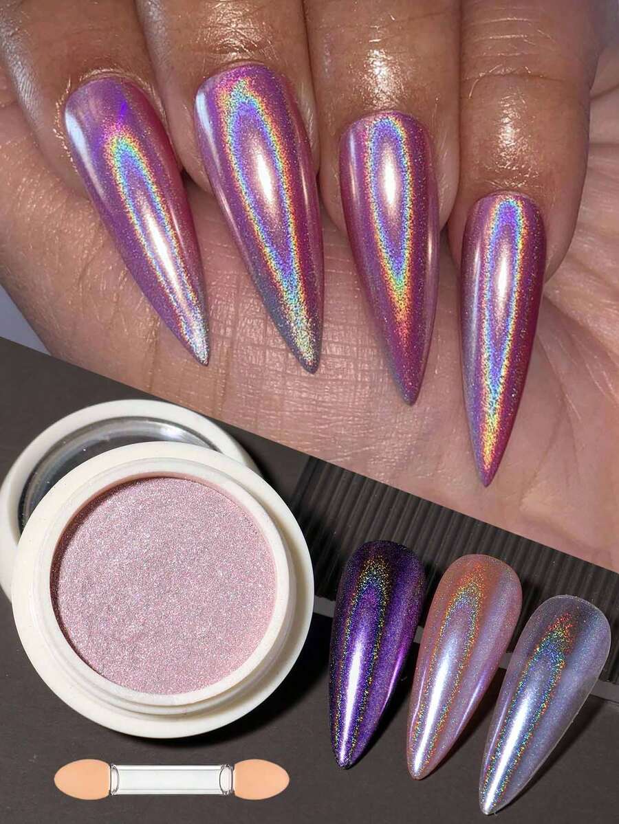 FULL BEAUTY Pink Laser Nail Powder Holographic Aurora Magic Mirror Nail Glitter Powder Y2K Nail Sparkly Gel Nail Polish Summer With Sponge Sticks Nail Supplies - Multicolor - View 1
