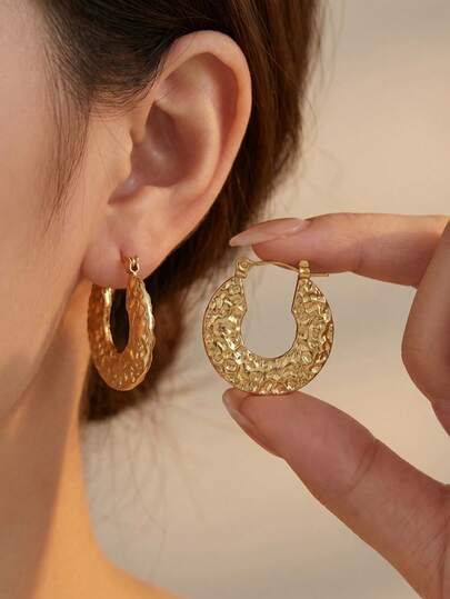 Personality Hammered Texture Round Geometric Hoop Earrings, Fashionable Unique Stainless Steel Earrings For Women, Suitable For Daily Wear, Ideal Gift For Valentine's Day, Birthday, Mother's Day, Thanksgiving Or Vacation, Elegant Earrings. These Fashionable Jewelry Gifts Suit Women And Girls, Also Suitable For Wedding Occasions. Eye-Catching Gold Stainless Steel Jewelry. Versatile Casual Dress Fashion Matching