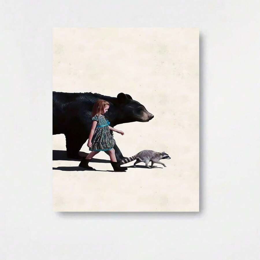 Impresión artística plana 2D, 2D plana, 1 pieza sin marco que presenta compañeros de animales caprichosos y surrealistas, diseñada en un estilo suave y curativo que muestra la armonía entre las personas y los animales. Ideal para estudios, salas de estar acogedoras - Enmarcado - Ver 1