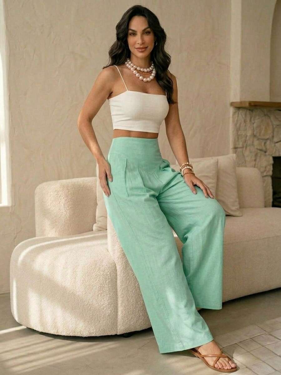 Elegant High-Waisted Palazzo Pants In Microfiber Fabric - 2026 - verde menta - Ver 1