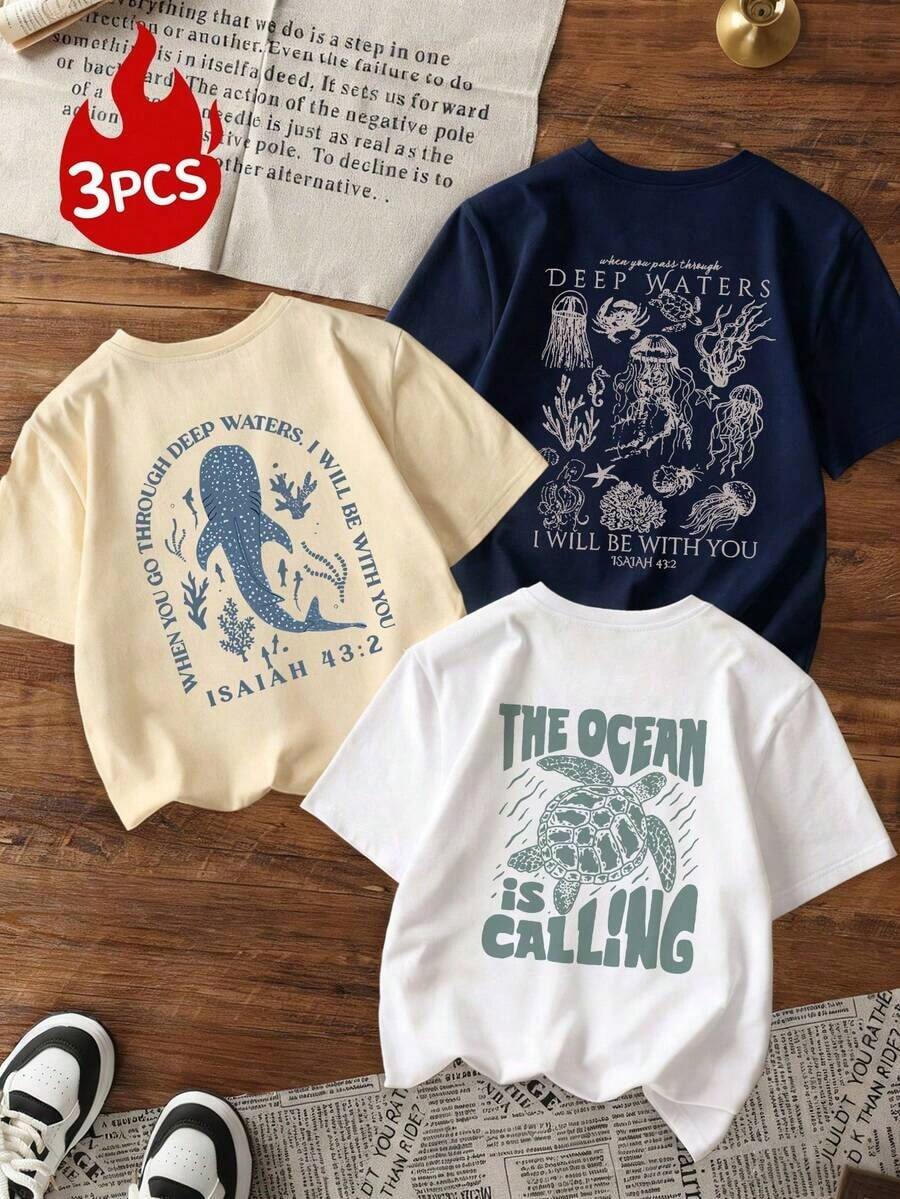3pcs Women's Casual Colorful Letter, Sea, Turtle, Dolphin, Jellyfish Graphic Print Round Neck Short Sleeve T-Shirt Set, Versatile & Practical, Suitable For Women's Tops, Holiday Leisure, And Spring Wear Summer - Nhiều màu 3 - Xem 1