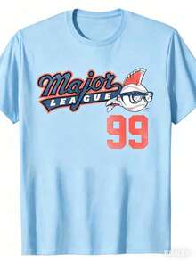 180g Vintage Baseball Pattern T-Shirt - 180g Heavyweight Crew Neck Short-Sleeve Shirt, MAJOR LEAGUE 99 Print, Loose Casual Fit, Machine Washable - 藍色 - 查看 3