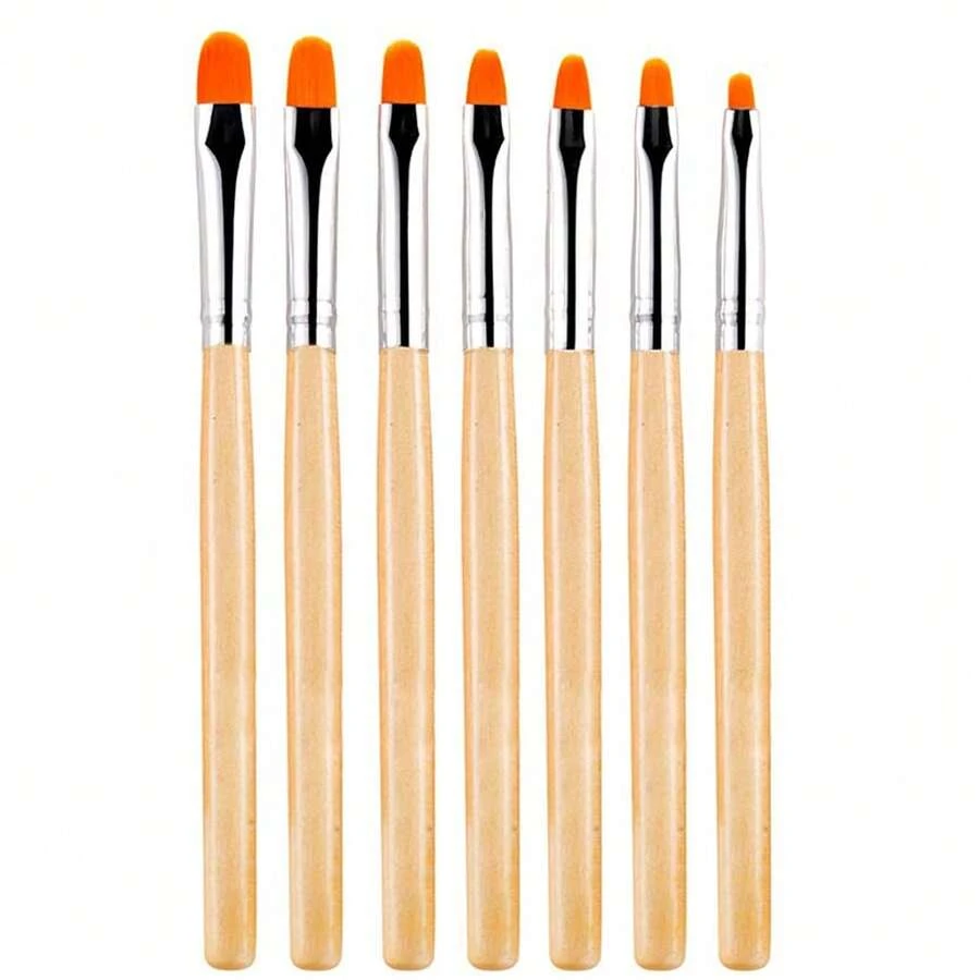 LANDOT 7 piezas Juego de brochas de gel para uñas para puntas, construcción y recubrimiento, escultura, gel de polímero y extensiones. Brochas de tamaño ovalado para pintura de manicura - WOODEN ALLURE - Albaricoque - Ver 1