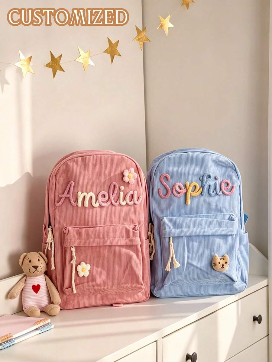 客製化姓名刺繡燈芯絨後背包，可愛卡通裝飾書包，青少年開學禮物，中性日常使用
