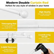 Adjustable Double Curtain Rod Set, Length From 33 Inches To 120 Inches, Metal Telescopic Dual Curtain Rods, Suitable For Windows, Includes Brackets, 5/8 Inch Diameter. Ideal For Blackout Curtains In Bathroom, Bedroom And Living Room (White) - American Ball - White - View 7