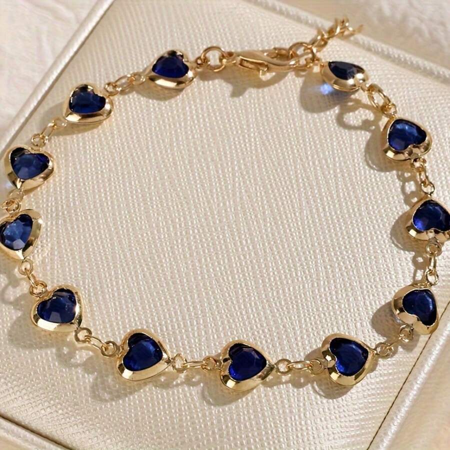 Colorful Heart-Shaped Bracelet, Candy-Colored Glass Heart-Shaped Bracelet, Worn On The Beach In Summer, Valentine'S Day Gift - Xanh đậm - Xem 1